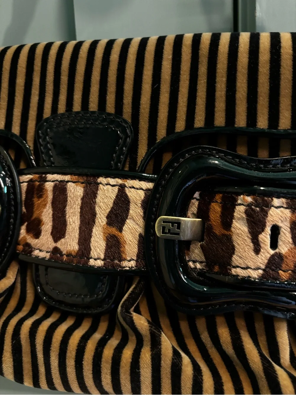FENDI Pony Hair Stripe Leopard Baguette Shoulder Bag Patent Leather Rare - Picture 10 of 16